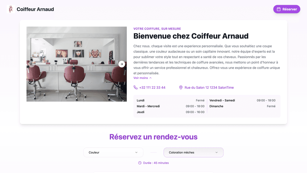 Page de réservation professionnelle